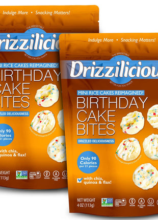 Drizzilicious Mini Flavored Rice Cakes Birthday Cake - Rice Crisps, Healthy Snack for Adults and Kids, Vegan, Gluten Free Snack, Allergen Free, Only 90 Calories Per 21 Pieces - 4 oz (Pack of 2)