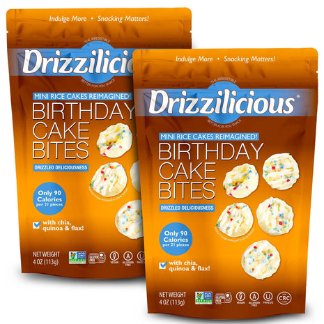 Drizzilicious Mini Flavored Rice Cakes Birthday Cake - Rice Crisps, Healthy Snack for Adults and Kids, Vegan, Gluten Free Snack, Allergen Free, Only 90 Calories Per 21 Pieces - 4 oz (Pack of 2)