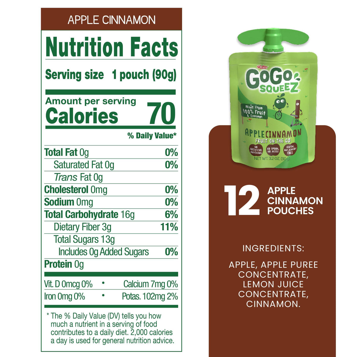 GoGo squeeZ Applesauce and Fruit Puree, Apple Cinnamon, 3.2 oz (Pack of 12), Unsweetened Fruit Snacks for Kids, Gluten Free, Nut Free and Dairy Free, Recloseable Cap, BPA Free Pouches