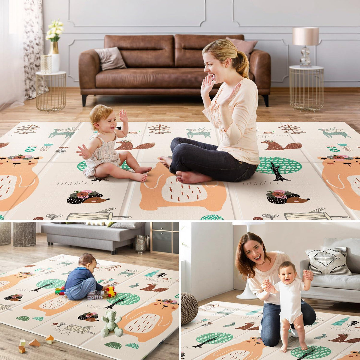 UANLAUO Baby Play Mat,79"x 71" Large Mat for Floor,Reversible Floor Mat,Foam Thick&Waterproof,Foldable Playmats for Babies and Toddlers,Anti-Slip for Baby Crawling,Non-Toxic Tummy Time(Bear)
