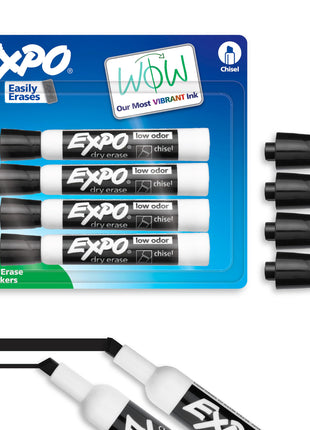 EXPO Dry Erase Markers, Low Odor Ink, Black, Chisel Tip, 4 Count - Whiteboard, Calendar, Organization, Essential Supplies for Office, School, Classroom, Teachers