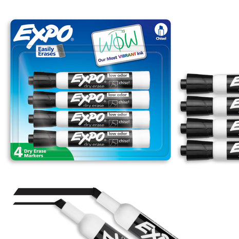 EXPO Dry Erase Markers, Low Odor Ink, Black, Chisel Tip, 4 Count - Whiteboard, Calendar, Organization, Essential Supplies for Office, School, Classroom, Teachers