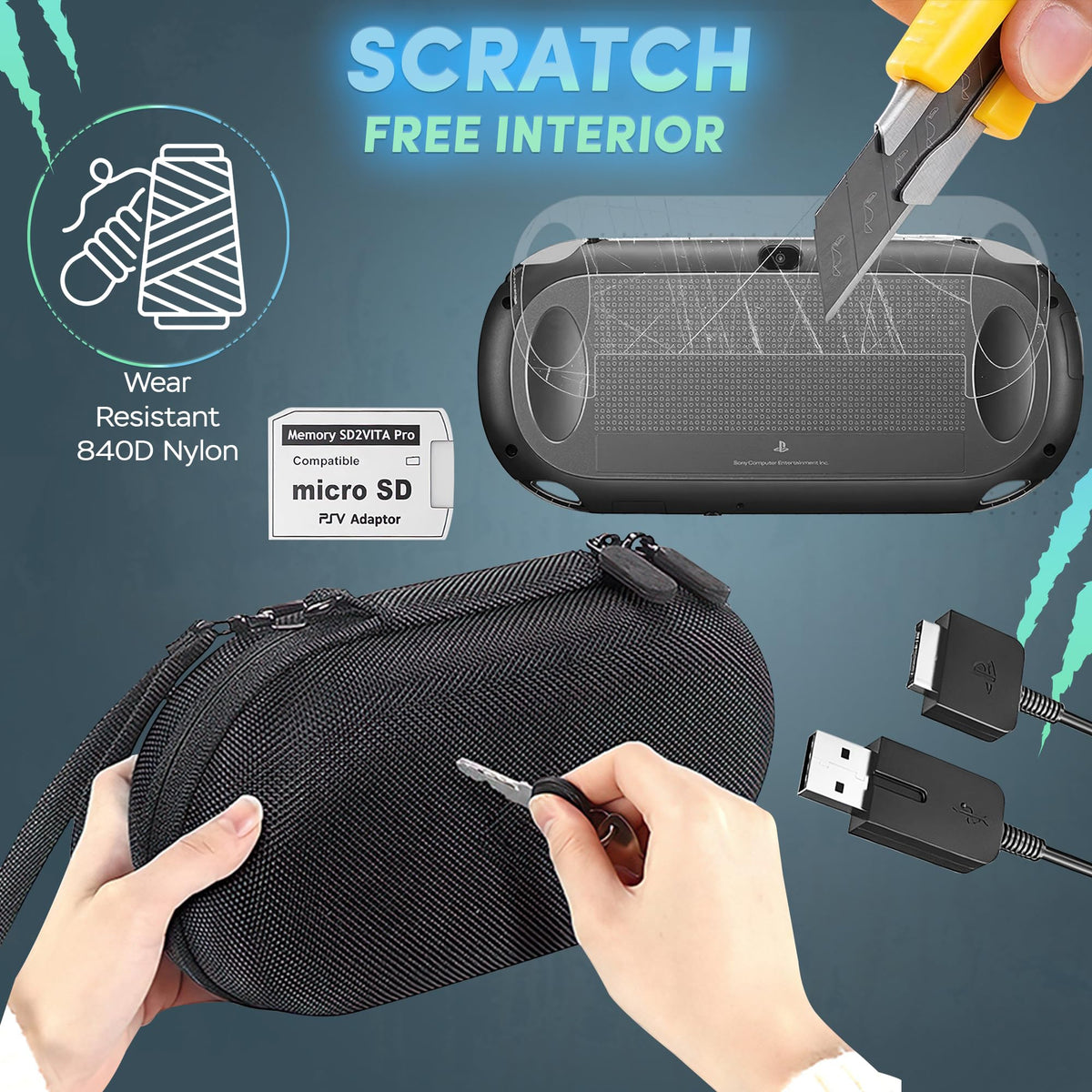 Skywin Four-in-One Kit For PS Vita 2000 Includes PS Vita Case, Front and Back Protector, Adapter Charger Cable, and Micro SD Memory Card, Compatible with PS Vita 2000 Slim, Carrying Case,Travel Pouch