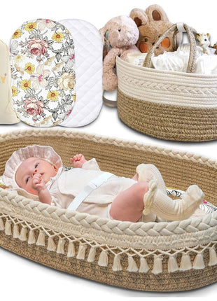 Baby Changing Basket Set with Diaper Caddy Organizer Macrame Boho Moses Basket for Babies, Handmade 100% Cotton Rope, Woven Portable Nursery Decor Waterproof Pad & Floral Pad