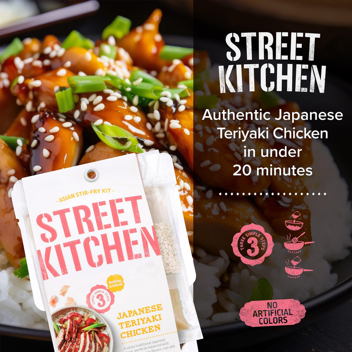 Street Kitchen Japanese Teriyaki Chicken Scratch Kit (1 Pack) 9 oz, Includes Teriyaki Sauce, Ginger Sauce, and Sesame Seeds, Easy Authentic Meal in Under 20 Minutes, Serves Four