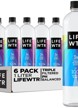 LIFEWTR Premium Purified Water, pH Balanced with Electrolytes, 100% recycled plastic bottles, 33.8 Fl Oz, 1L (Pack of 6)