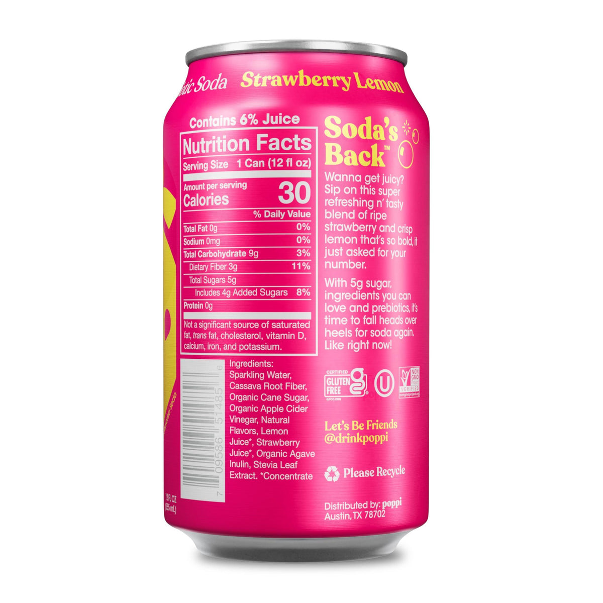 Poppi Sparkling Prebiotic Soda Beverage with Apple Cider Vinegar, Seltzer Water and Fruit Juice, Strawberry Lemon Flavor, 12 FL Oz, Pack of 12, Packaging May Vary