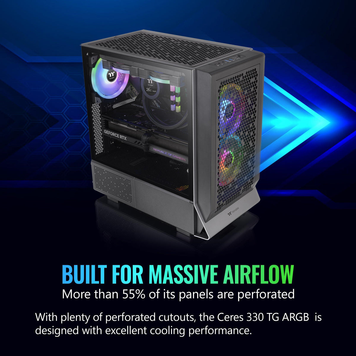 Ceres 330 TG ARGB Black Mid Tower E-ATX Case Supports Hidden-Connector Motherboard; Preinstalled 2 x CT140 ARGB Fans; Rotational PCIe Slots; CA-1Y2-00M1WN-01; 3 Year Warranty
