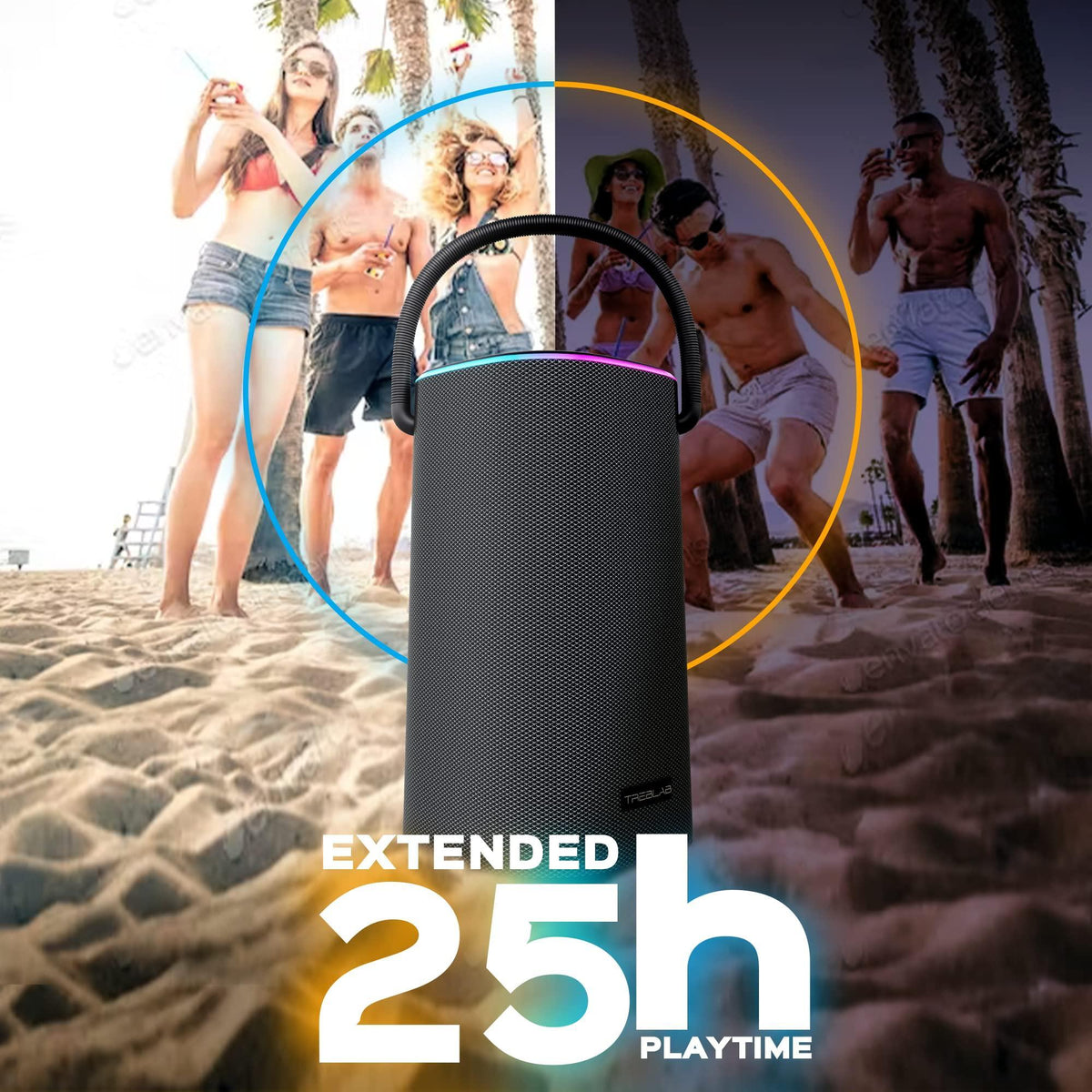 TREBLAB Portable Bluetooth Speaker with Handle - Loud 60W Stereo Sound with Deep Bass, 25H Playtime, Wireless Powerbank, RGB Lights, Dual Pairing, Waterproof - for Home Parties, Outdoor Pool, Golf