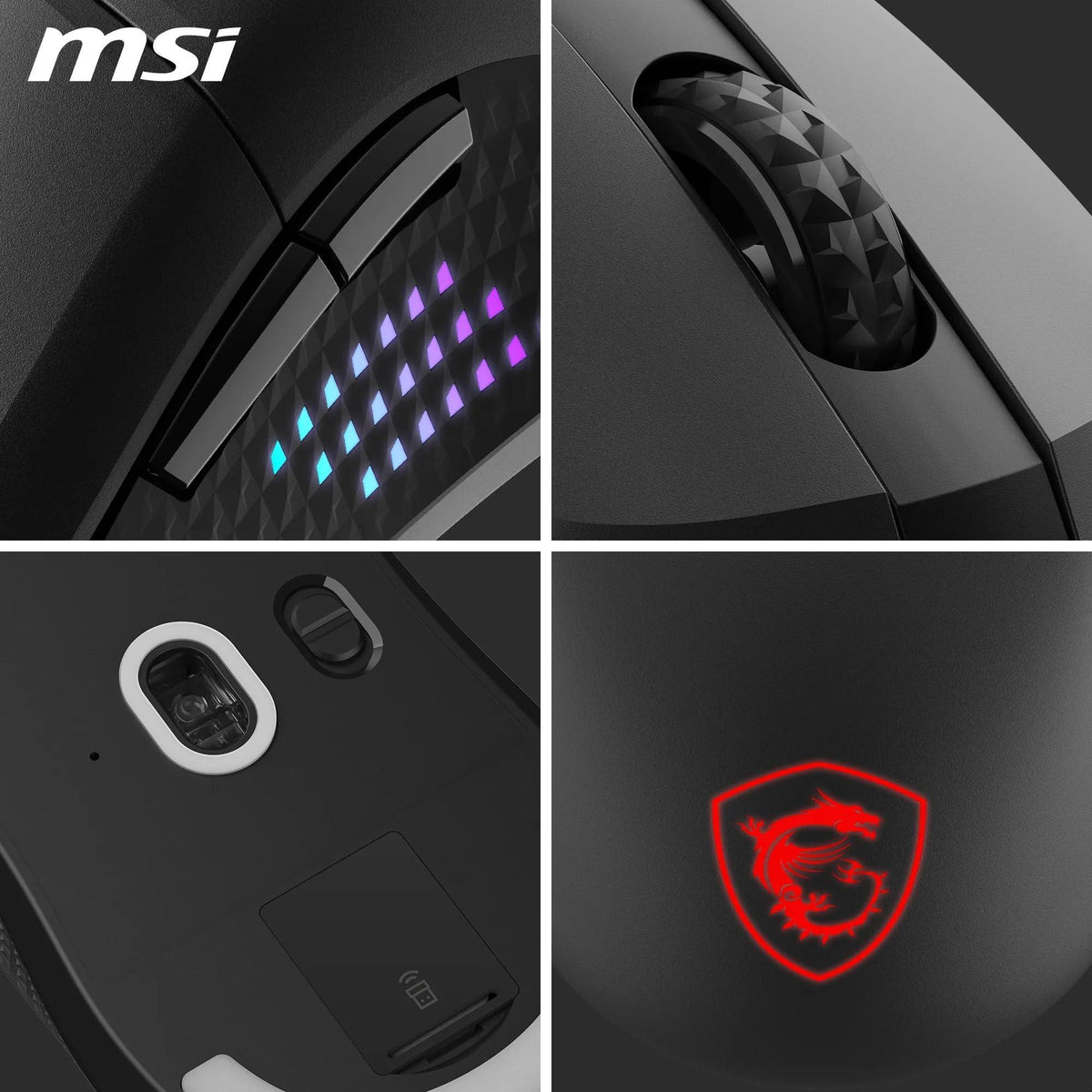 MSI VERSA 300 ELITE WIRELESS Gaming Mouse - 26000 DPI Optical Sensor, 1000 Hz polling rate, Symmetrical, 60M+ Click OMRON Switches, 6 Buttons, 200-Hour Battery, 1ms Latency, RGB, 65g - Wired/Wireless