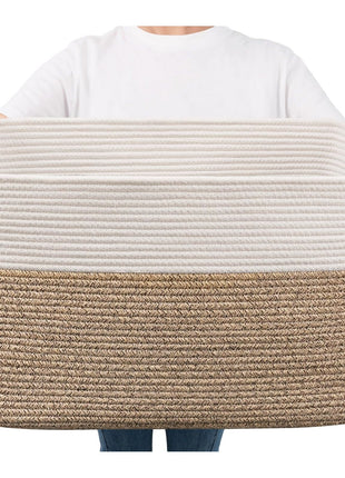 Goodpick Large Woven Blanket Basket, 21.6 inch x 14.9 inch x 11.8 inch Storage Baskets for Organizing, Rectangle Cotton Rope Toy Basket for Living Room, Bedroom, White & Brown