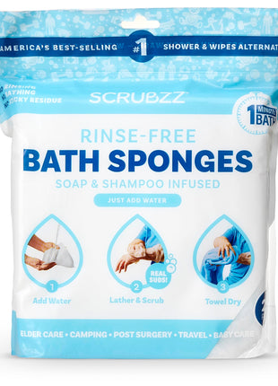 Scrubzz Disposable Rinse Free Bathing Wipes - 25 Pack - All-in-1 Single Use Shower Wipes, Simply Dampen, Lather, and Dry Without Shampoo or Rinsing