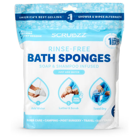 Scrubzz Disposable Rinse Free Bathing Wipes - 25 Pack - All-in-1 Single Use Shower Wipes, Simply Dampen, Lather, and Dry Without Shampoo or Rinsing