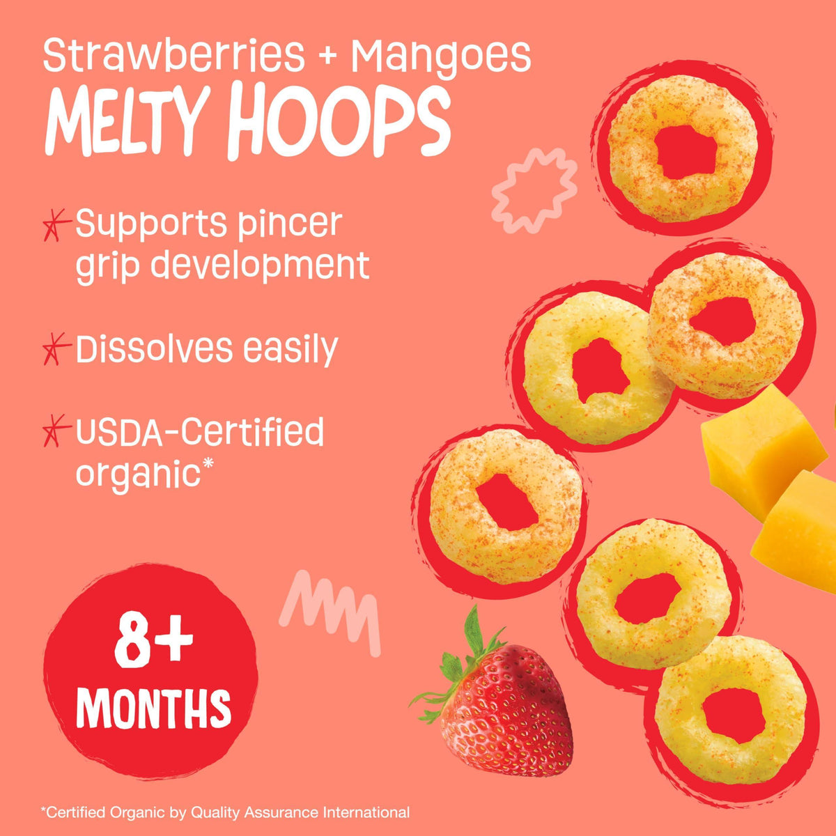 Earth's Best Organic Melty Hoops, Bite-Sized Snacks for Babies 8 Months and Up, Strawberry and Mango, 0.32 Ounce Individual Bags (Pack of 4)