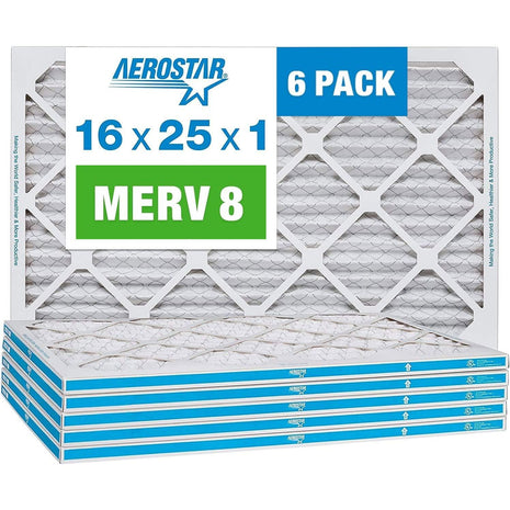 Aerostar 16x25x1 MERV 8 Air Filter, 6 Count, ACTUAL SIZE (15.75 x 24.75 x 0.75), HVAC, Air Conditioning & Furnace Filter Captures Dust, Lint & Pollen (MPR 600 / FPR 5), Made in USA