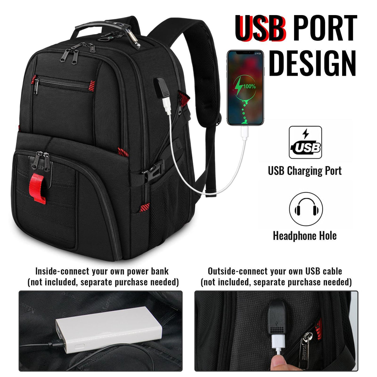 YOREPEK Travel Backpack, Extra Large 50L Laptop Backpacks for Men Women, Water Resistant College Backpacks Airline Approved Business Work Bag with USB Charging Port Fits 17 Inch Computer, Black
