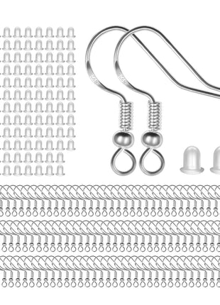 925 Sterling Silver Earring Hooks 120 PCS/60 Pairs, Ear Wires Fish Hooks, Hypo-allergenic Jewelry Findings Parts with 120 PCS Clear Silicone Earring Backs