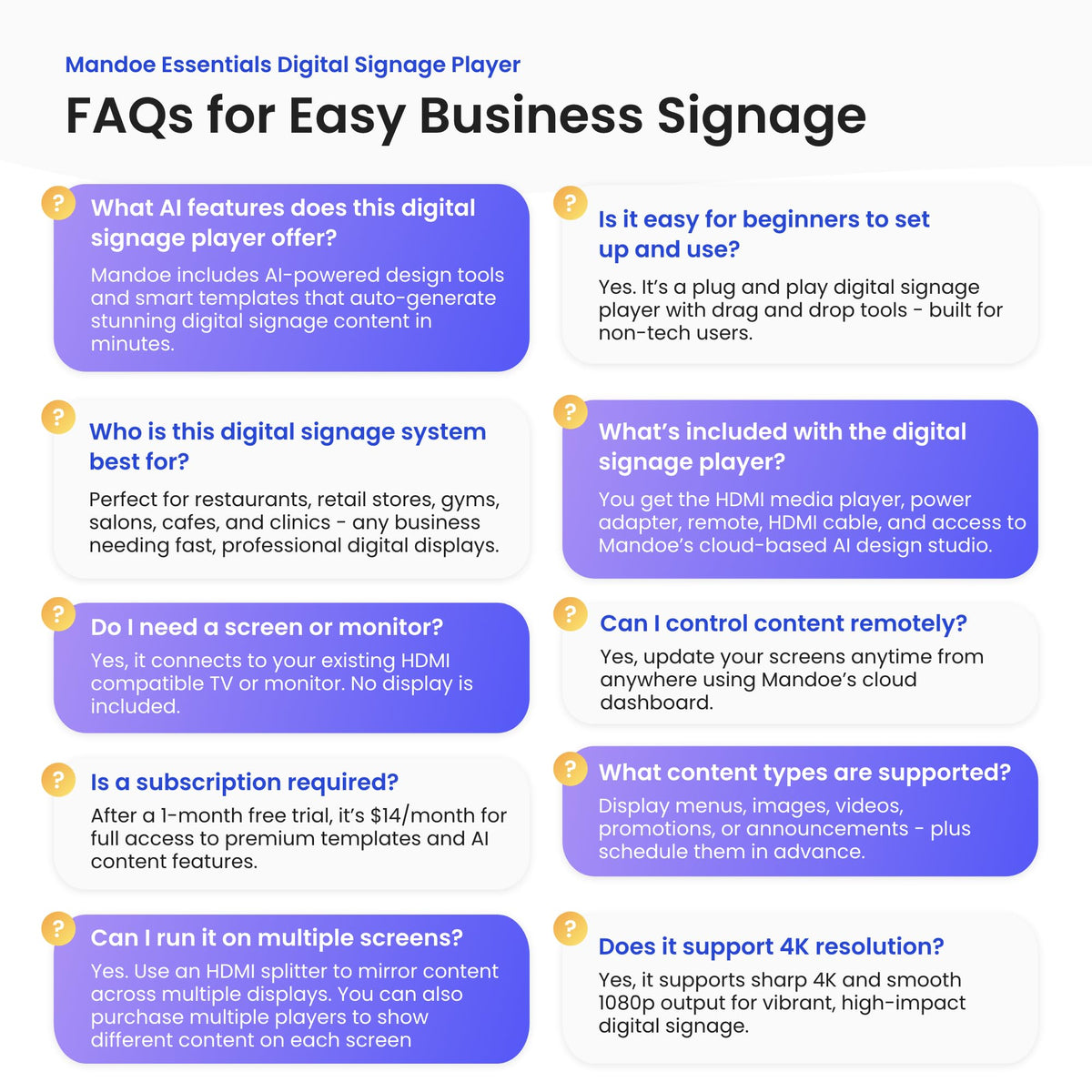 Digital Signage Player by Mandoe – Easy Setup, AI Template Creation, Premium Templates for Restaurants, Retail, and Business Displays