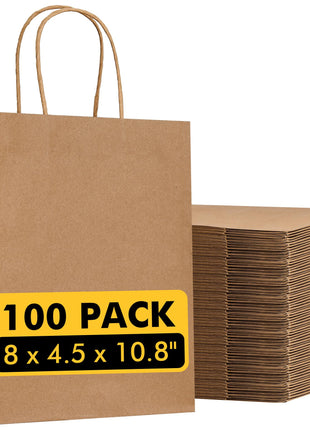 Brown Paper Bags with Handles Bulk 100Pcs 8x4.5x10.8 Inch Gift Bags Bulk, Brown Kraft Paper Bags for Retail, Party, Shopping, Favor