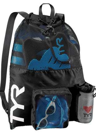 TYR Big Mesh Mummy Backpack for Swim, Gym and Workout Gear, Black, 40-Liter Capacity