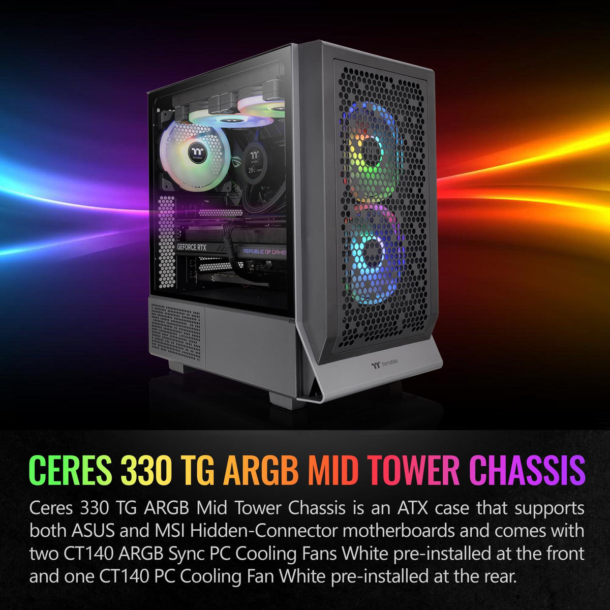 Ceres 330 TG ARGB Black Mid Tower E-ATX Case Supports Hidden-Connector Motherboard; Preinstalled 2 x CT140 ARGB Fans; Rotational PCIe Slots; CA-1Y2-00M1WN-01; 3 Year Warranty