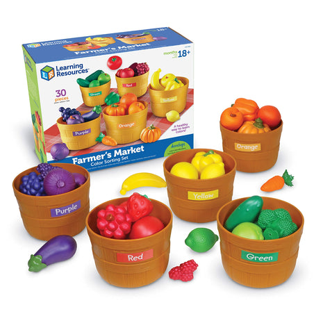 Learning Resources Farmer's Market Color Sorting Set | Pretend Play Food Sets for Kids Kitchen, Color Sorting Toys, Plastic Fruit and Vegetable Toy for Kids Kitchen Set