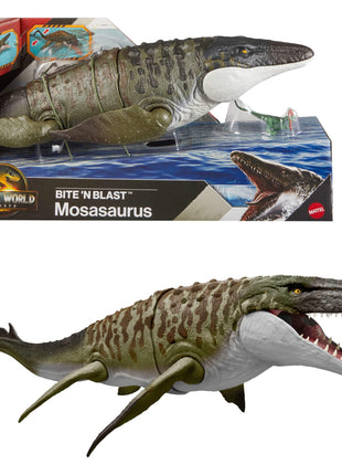 Mattel Jurassic World Rebirth Bite N Blast Mosasaurus & Mini Dinosaur | Wide Jawed Dinosaur Toy, Movie Accurate and Posable, Includes Mini Dilophosaurus, Digital Play Via Scannable App Code