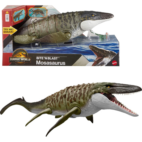 Mattel Jurassic World Rebirth Bite N Blast Mosasaurus & Mini Dinosaur | Wide Jawed Dinosaur Toy, Movie Accurate and Posable, Includes Mini Dilophosaurus, Digital Play Via Scannable App Code