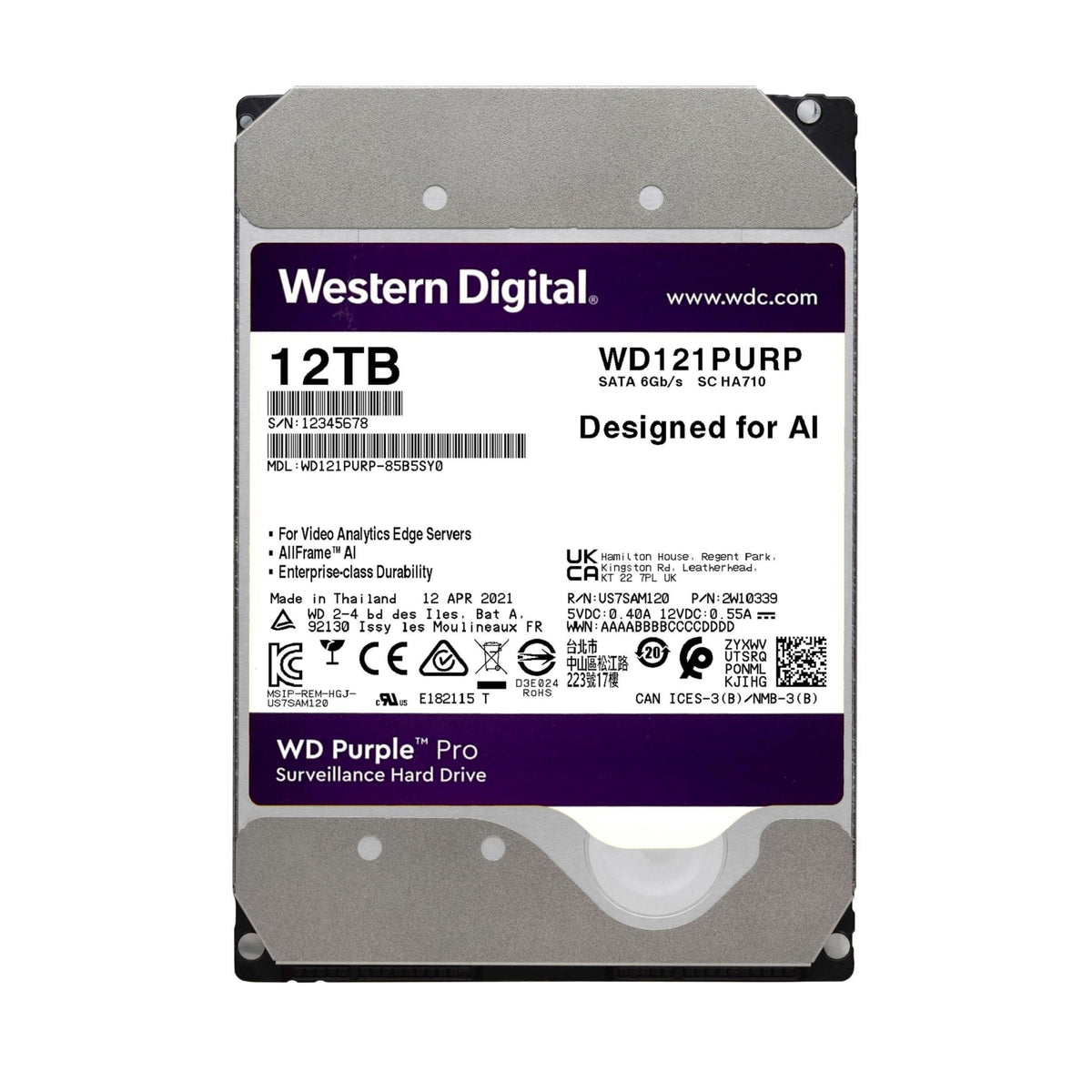 Western Digital 12TB WD Purple Pro Surveillance Internal Hard Drive HDD - SATA 6 Gb/s, 256 MB Cache, 3.5" - WD121PURP