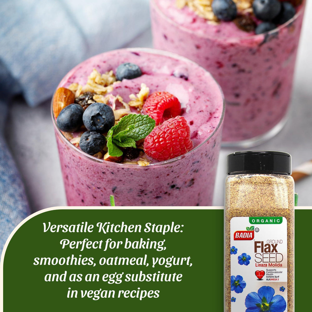 Badia Organic Ground Flax Seed, 16 oz - Superfood High in Fiber & Omega-3, Certified Organic, Non-GMO, Baking, Smoothies & Cooking