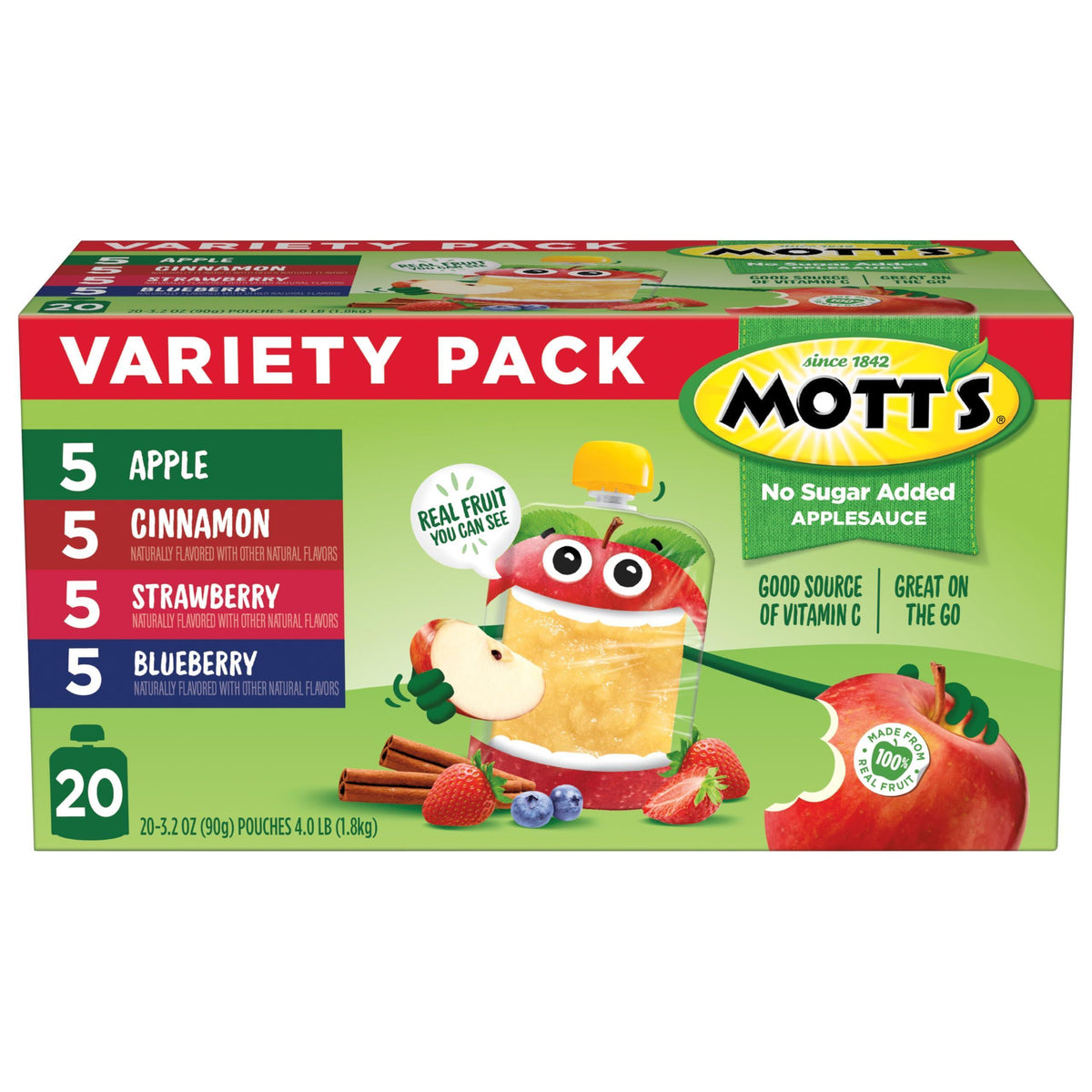 Mott's No Sugar Added Applesauce Variety Pack, 4 Flavors – Apple, Strawberry, Cinnamon & Blueberry, Made from Real Fruit, No Artificial Flavors, 3.2 Clear Pouches, 20 Pack