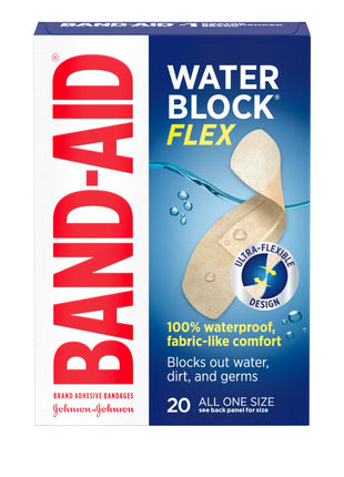 BAND-AID Brand Water Block Flex 100% Waterproof Adhesive Bandages for First-Aid Wound Care of Minor Cuts, Scrapes & Wounds, Ultra-Flexible Design, Sterile, All One Size, 20 ct