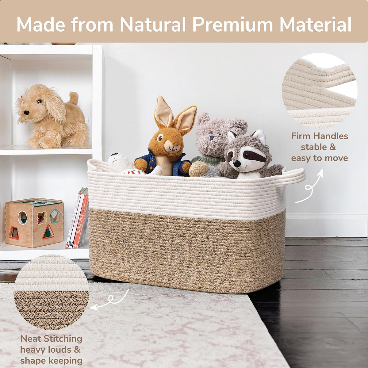 Goodpick Large Woven Blanket Basket, 21.6" x 14.9" x 11.8" Storage Baskets for Organizing, Rectangle Cotton Rope Toy Basket for Living Room, Bedroom, White & Brown