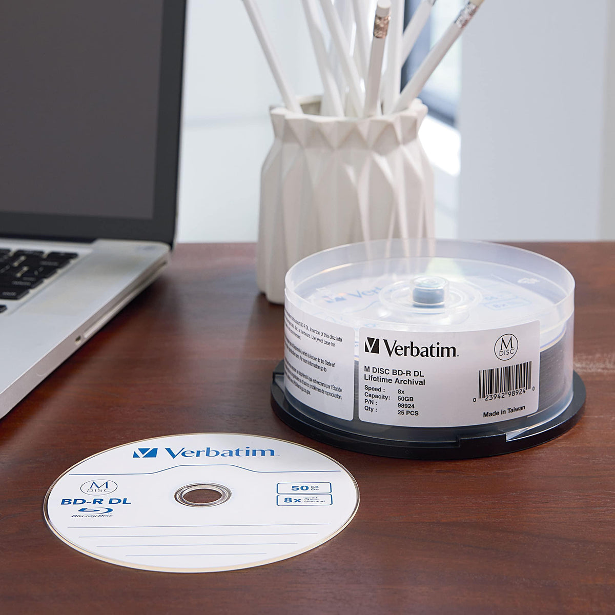 Verbatim M DISC BD-R DL 50GB 8X with Branded Surface Blank Blu-Ray Recordable Media – 25pk Spindle,White