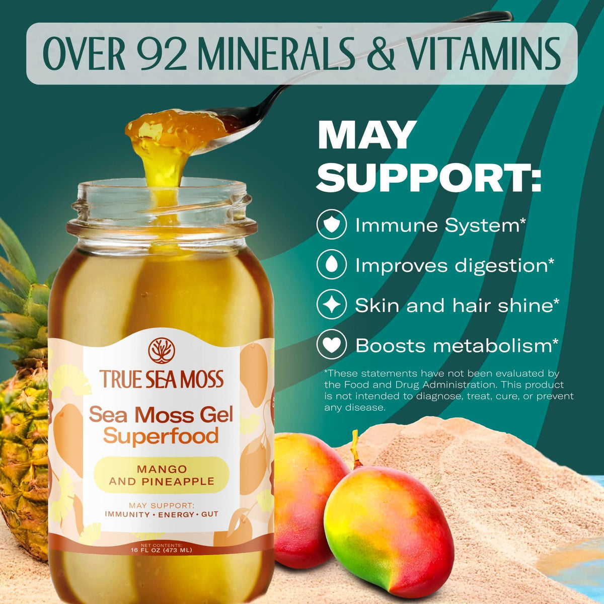 TrueSeaMoss Sea Moss Gel – Made in USA – Wildcrafted Seamoss, Fresh Fruits & Sea Vegetables – Mango/Pineapple, Pack of 1 (Labels may Vary)