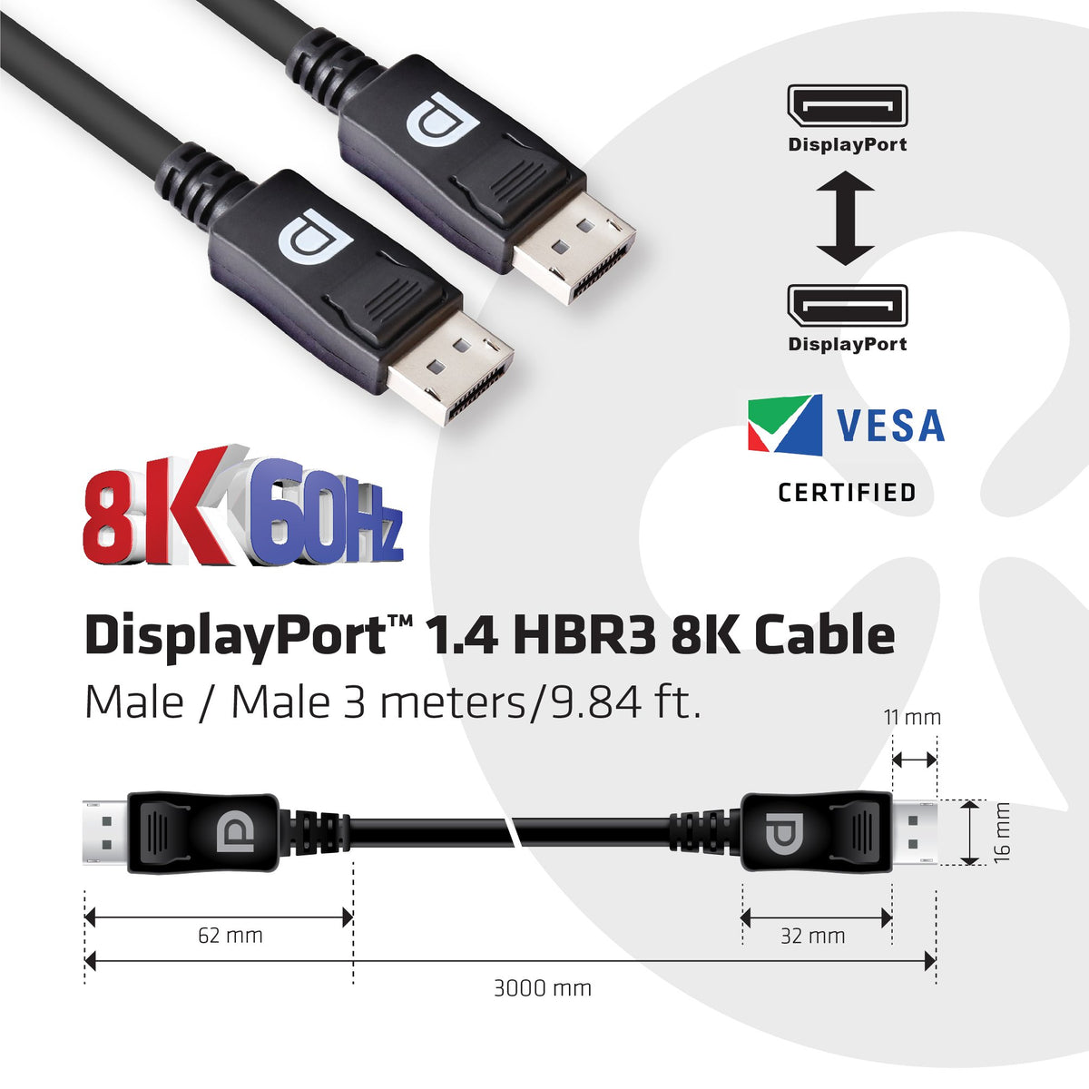 Club3D CAC-1060 VESA Certified DisplayPort to DisplayPort 1.4/Hbr3 M/M Cable DP 1.4 8K 60Hz 3m- 9.84ft