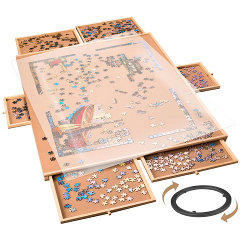 1500 Pieces Rotating Puzzle Board with 6 Storage Drawers & Protective Cover - Wooden Jigsaw Puzzle Table for 1500 Pieces - for Family Games, Home Entertainment & Puzzle Building