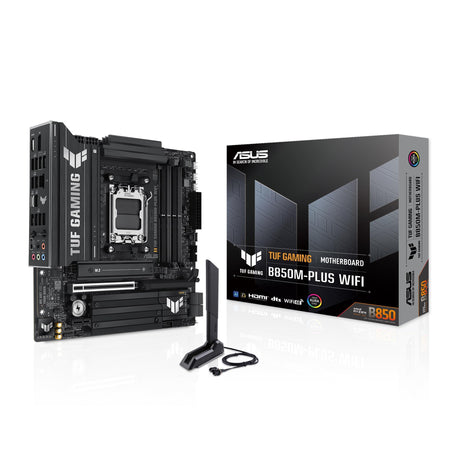 ASUS TUF Gaming B850M-PLUS WiFi AMD AM5 B850 mATX Motherboard, 14+2+1 80A DrMOS Stages, DDR5, PCIe 5.0, 3X M.2, Wi-Fi 6E, 2.5Gb LAN, DP, HDMITM, USB 10Gbps & 20Gbps Type-C®, BIOS FlashbackTM, Aura Sync