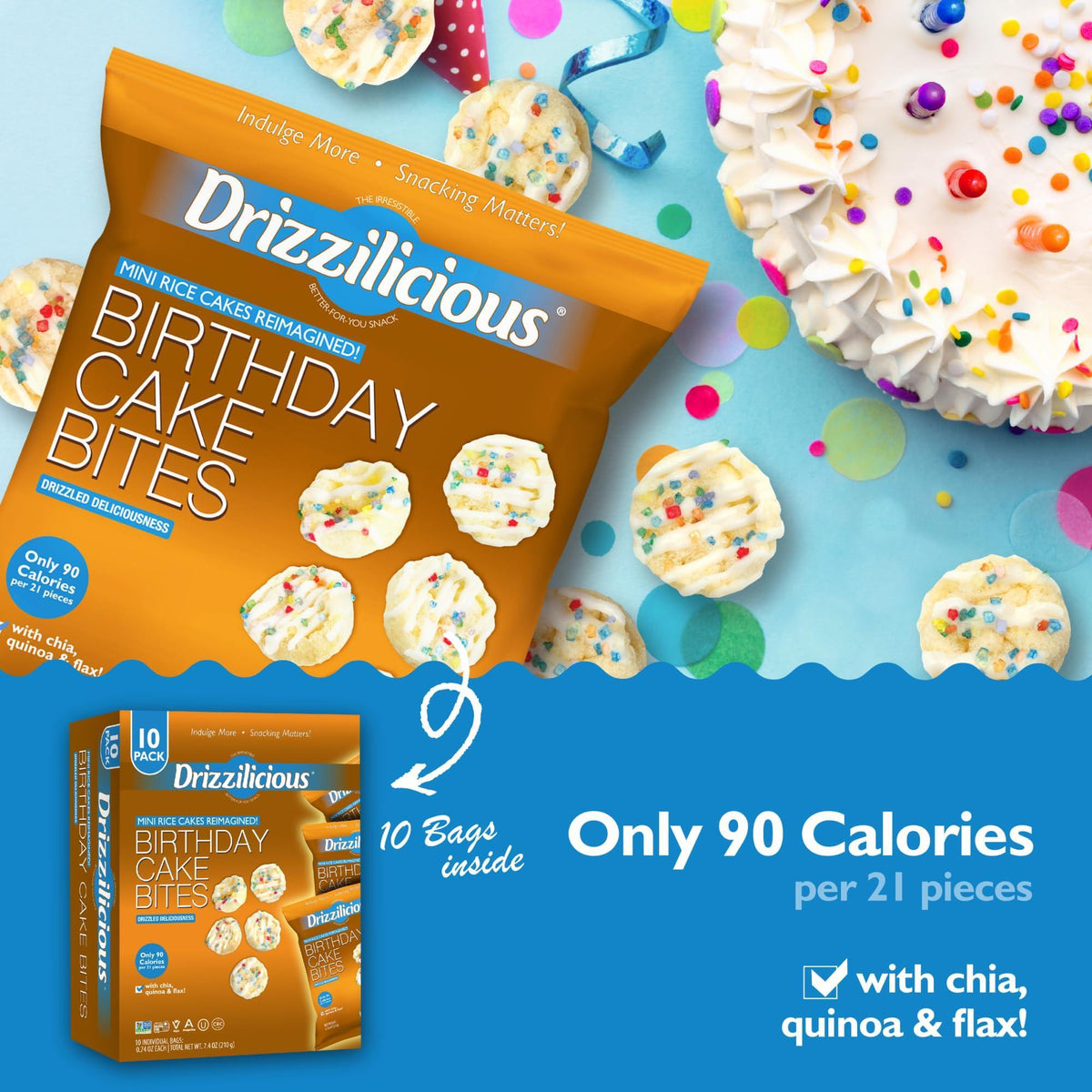 Drizzilicious Mini Rice Cakes Birthday Cake - Rice Crisps, Healthy Snack for Adults and Kids, Flavored Rice Cakes, Vegan, Gluten Free, Allergen Free, Only 90 Calories Per Bag - 0.74 oz (Pack of 10)