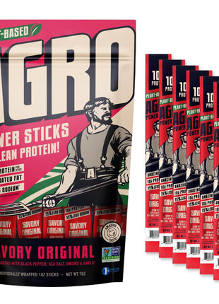 AGRO POWER Vegan Jerky Sticks, 10g Protein per Stick, Savory Original Plant-Based, 7 Stick Bag, Non-GMO, 40% Less Sodium, Zero Cholesterol, Meat Alternative, High Protein Snack for Lunch, On-the Go Fuel