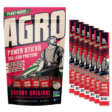 AGRO POWER Vegan Jerky Sticks, 10g Protein per Stick, Savory Original Plant-Based, 7 Stick Bag, Non-GMO, 40% Less Sodium, Zero Cholesterol, Meat Alternative, High Protein Snack for Lunch, On-the Go Fuel