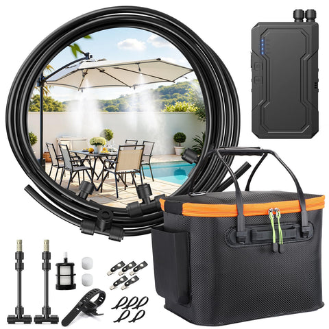 Ausic Portable Misting Systems, Outdoor Water Cooling Misters Set with 6000mAh Water Pump, 20L Bucket, 26FT (8M) Hose, 6*Nozzles, 10*Clips/Ties for Patio/Umbrella/Pasture/Greenhouse/Canopy/Camping