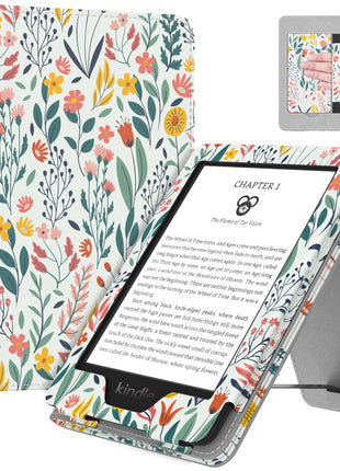 MoKo Case Fits All-New 6 inch Kindle (11th Generation, 2024/2022 Release)(10/8th Gen,2019/2016), Ultra Lightweight PU Shell Cover with Auto Wake/Sleep for Kindle 2024, Flowers