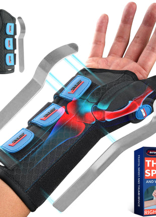FEATOL Carpal Tunnel Wrist Brace Night Support, Thumb Spica Splint Right Hand for De Quervains Tenosynovitis, Tendonitis, Thumb Brace for Women Men, Black Blue, Small/Medium