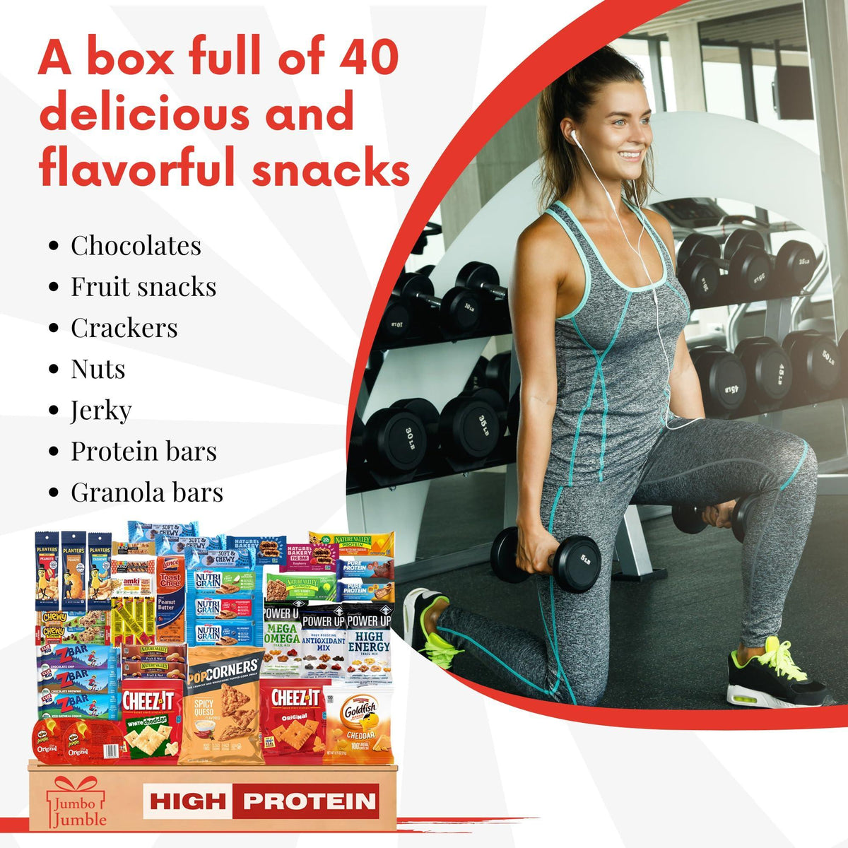 Jumbo Jumble Snack Box (40 Count) Protein Gift Care Package Snacks Variety Pack for Adults Teens Kids Men Women College Office Birthday (Protein Set)