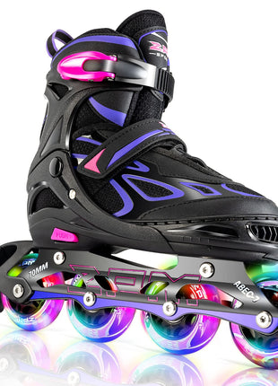 2PM Sports Vinal Girls Adjustable Flashing Inline Skates, All Wheels Light Up, Fun Illuminating Skates for Kids Men Adult Women and Boys