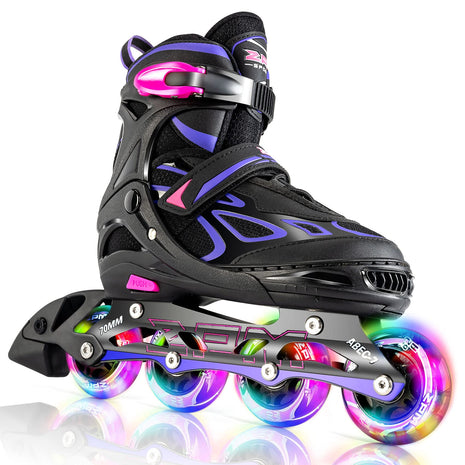 2PM Sports Vinal Girls Adjustable Flashing Inline Skates, All Wheels Light Up, Fun Illuminating Skates for Kids Men Adult Women and Boys