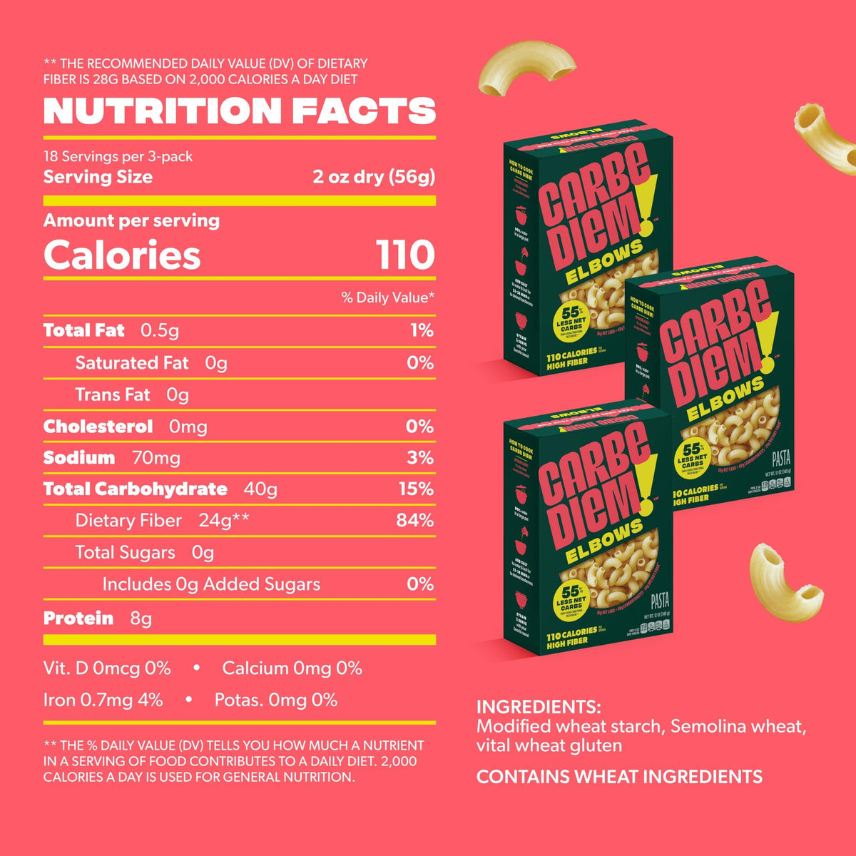 Carbe Diem!, Elbows, Lower Net Carb Pasta with Traditional Flavor & Texture, 55% Fewer Net Carbs & Only 110 Calories Per Serving, Pack of 3