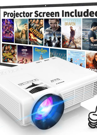 PANSEBA 1080P Mini Projector with Screen, Portable Home Theater Movie Projector with Two-Way Bluetooth, HDMI/USB Input for Smartphone/TV Stick, Ideal for Indoor & Outdoor Use, White