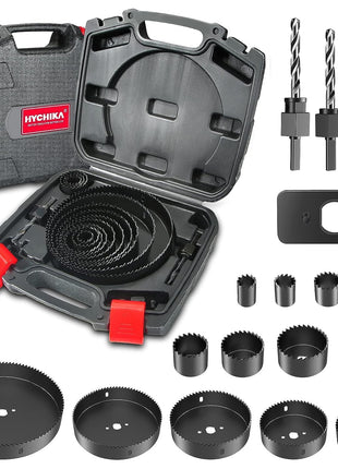 Hole Saw Set HYCHIKA 19 Pcs Hole Saw Kit with 3/4"-6"(19-152mm) 13Pcs Saw Blades, 2 Mandrels, 2 Drill Bits, 1 Installation Plate, 1 Hex Key, Ideal for Soft Wood, Plywood, Drywall, PVC